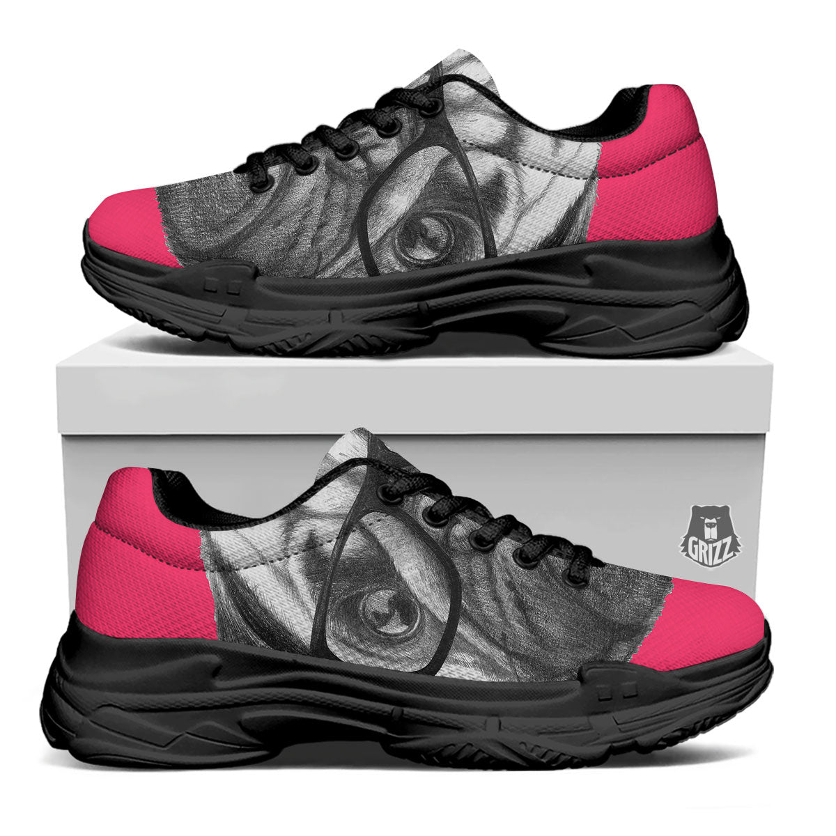 Glasses Pug Portrait Print Black Chunky Shoes-grizzshop