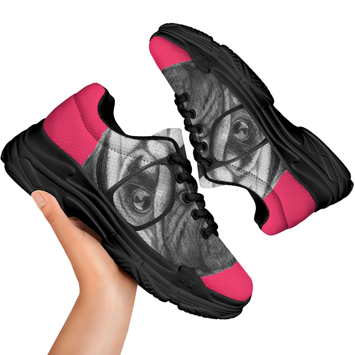 Glasses Pug Portrait Print Black Chunky Shoes-grizzshop