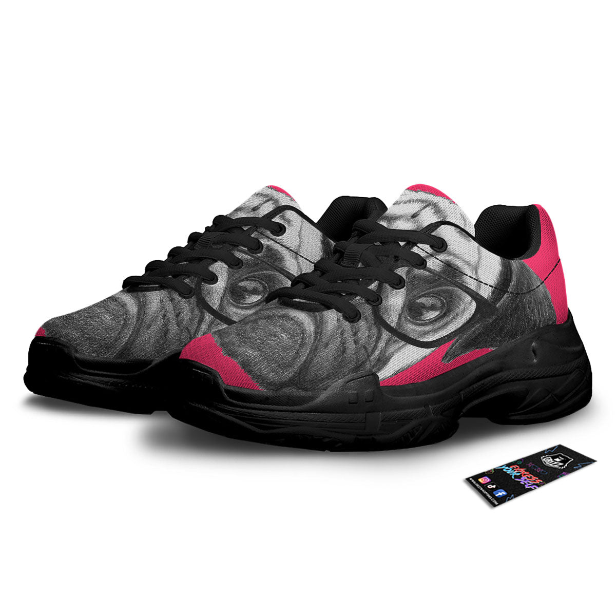 Glasses Pug Portrait Print Black Chunky Shoes-grizzshop