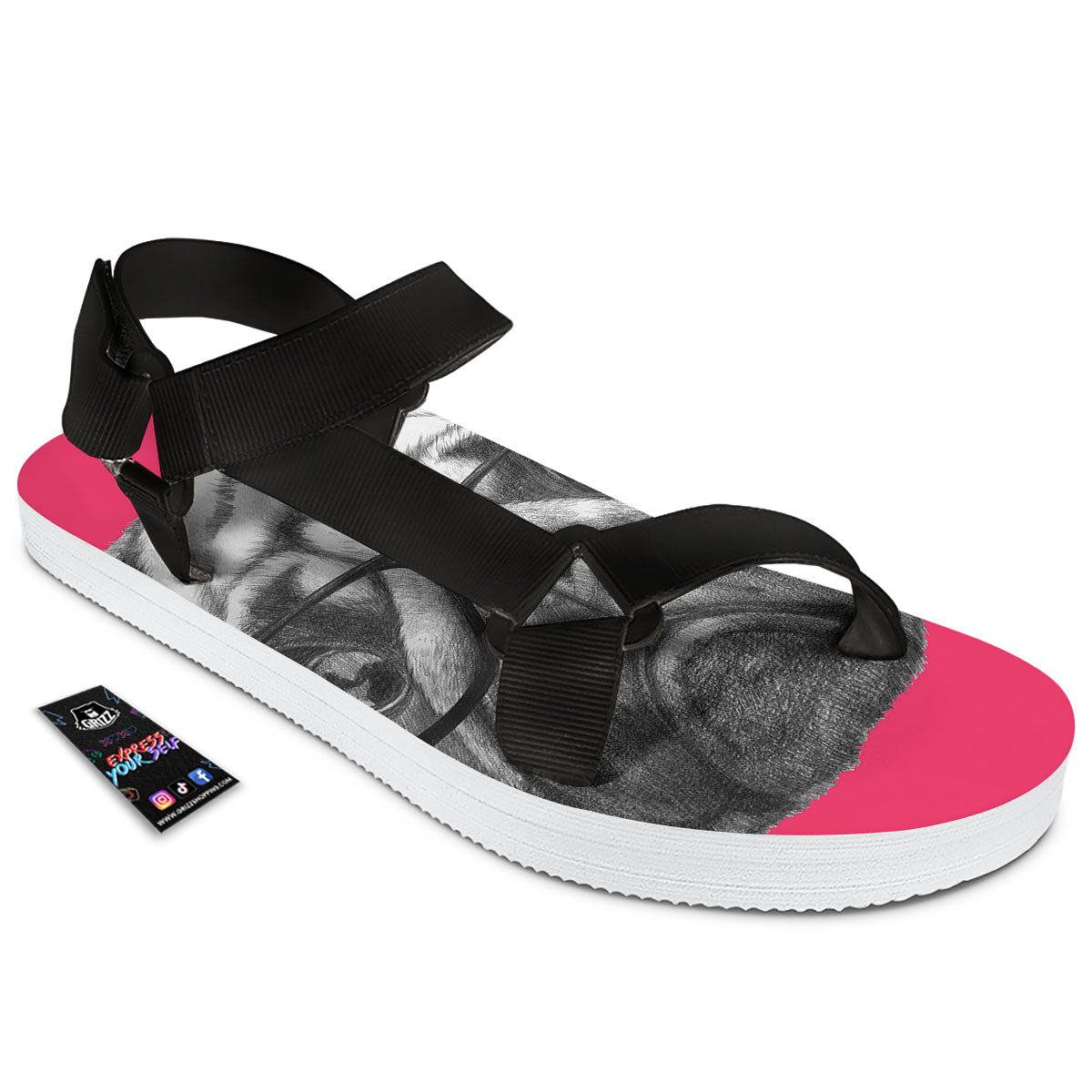 Glasses Pug Portrait Print Black Open Toe Sandals-grizzshop