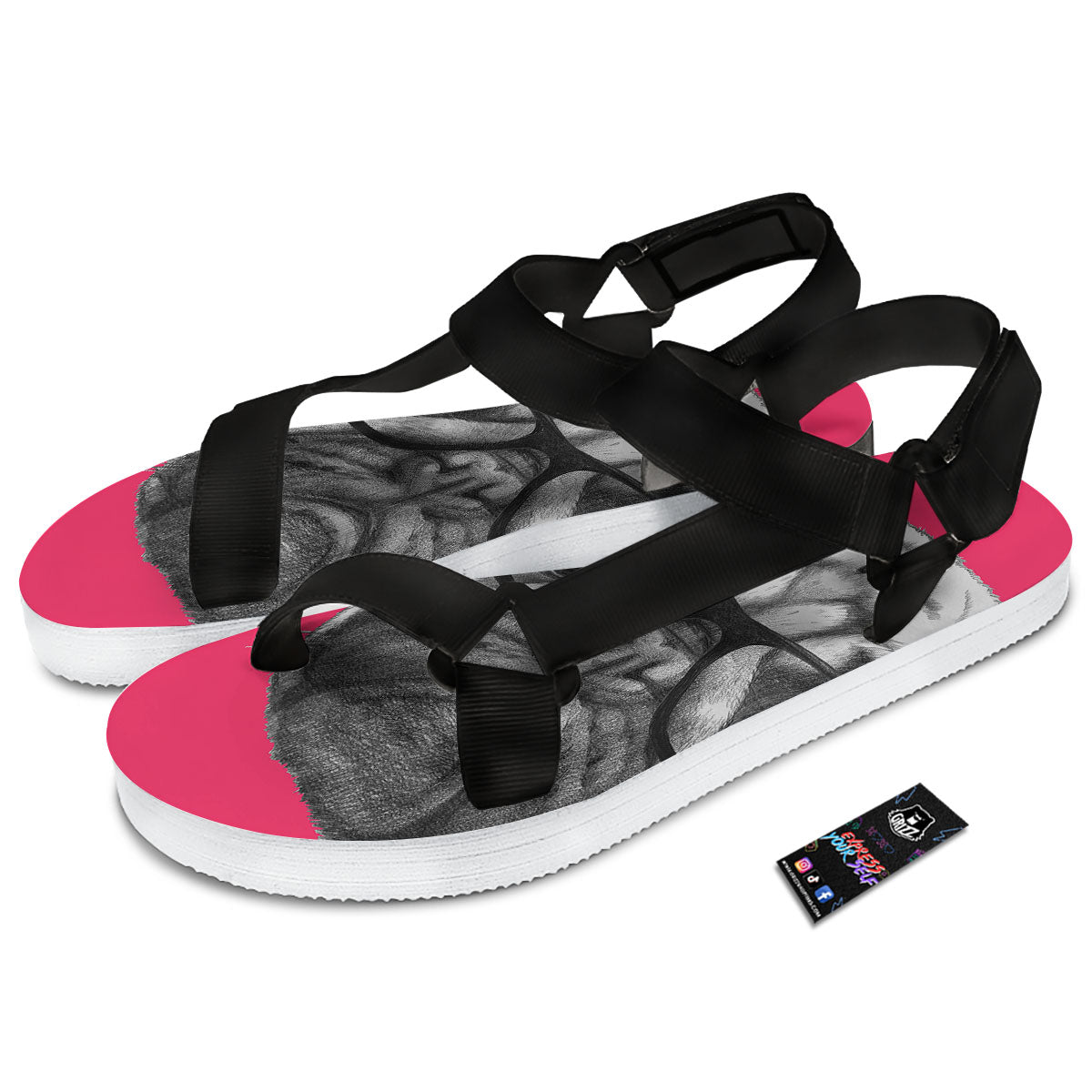 Glasses Pug Portrait Print Black Open Toe Sandals-grizzshop