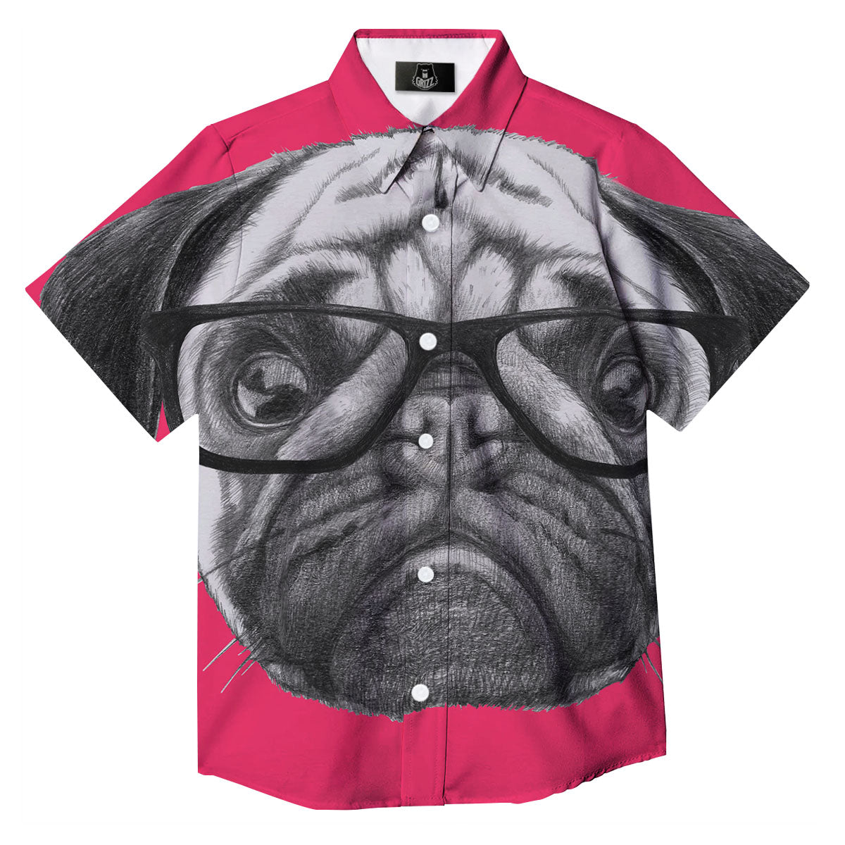 Glasses Pug Portrait Print Button Up Shirt-grizzshop