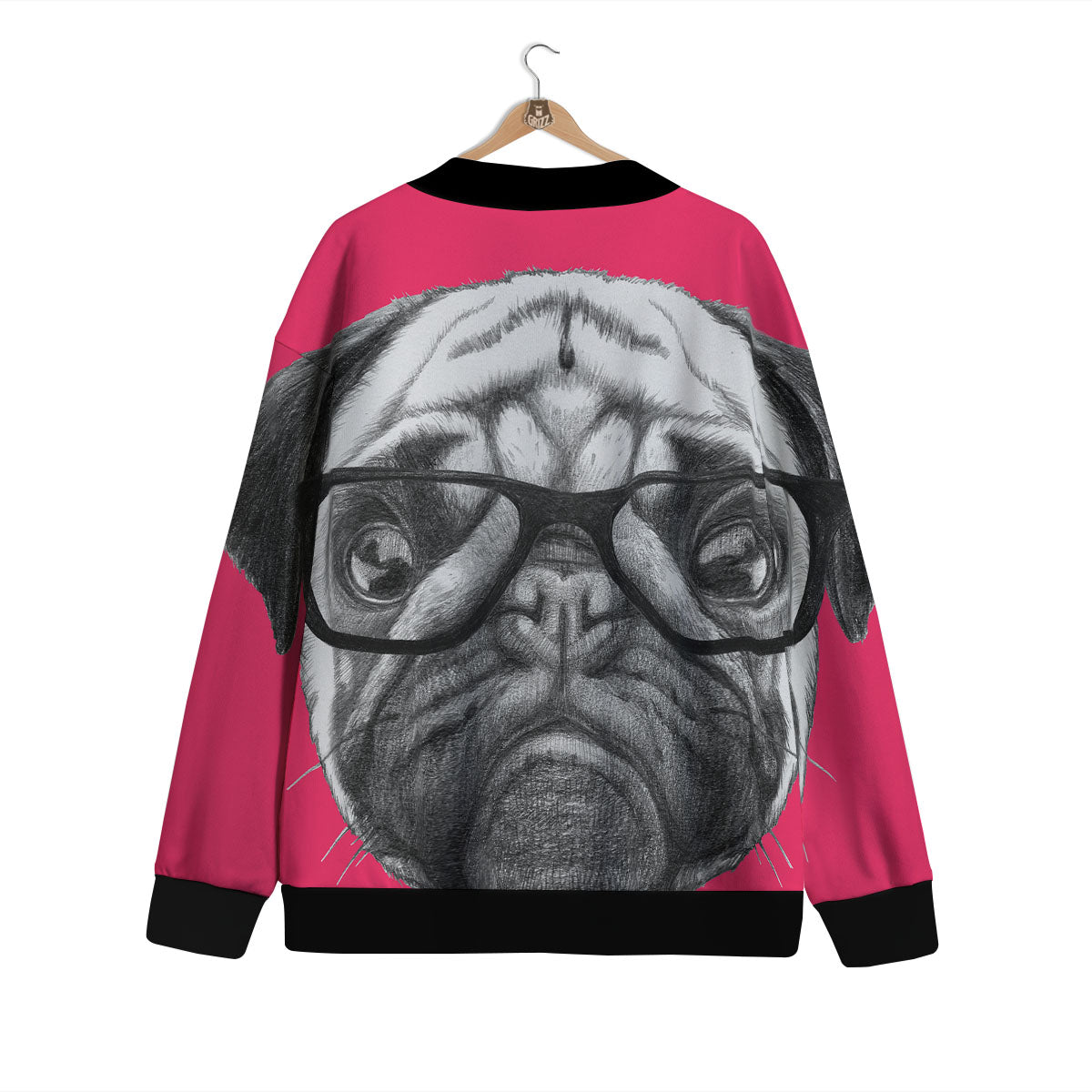 Glasses Pug Portrait Print Cardigan-grizzshop