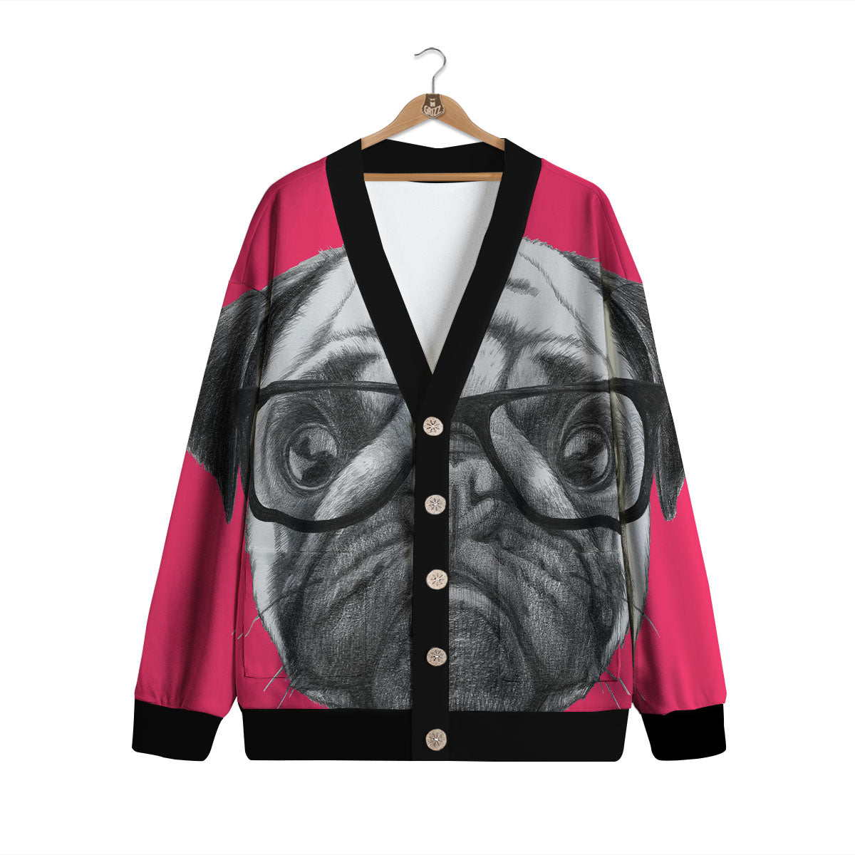 Glasses Pug Portrait Print Cardigan-grizzshop