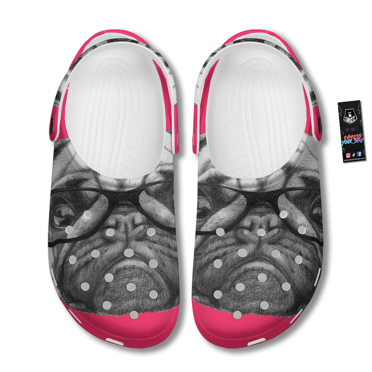Glasses Pug Portrait Print Clog-grizzshop