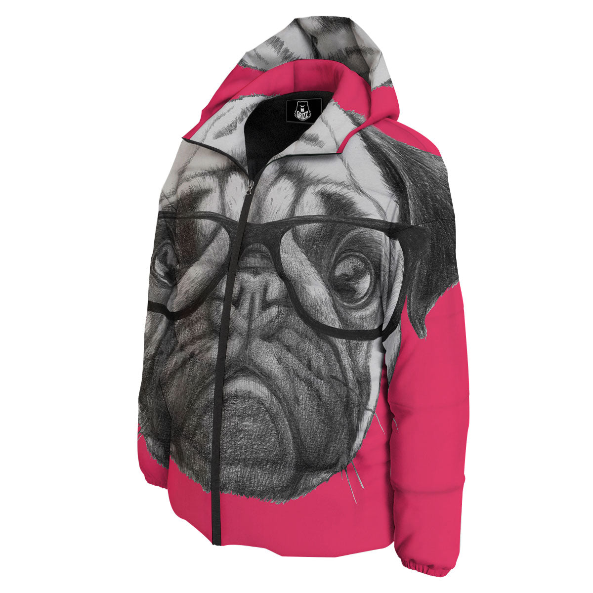 Glasses Pug Portrait Print Down Jacket-grizzshop