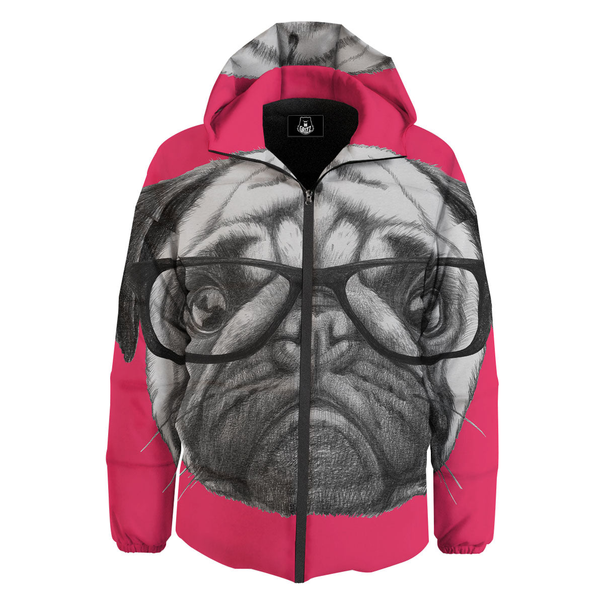 Glasses Pug Portrait Print Down Jacket-grizzshop