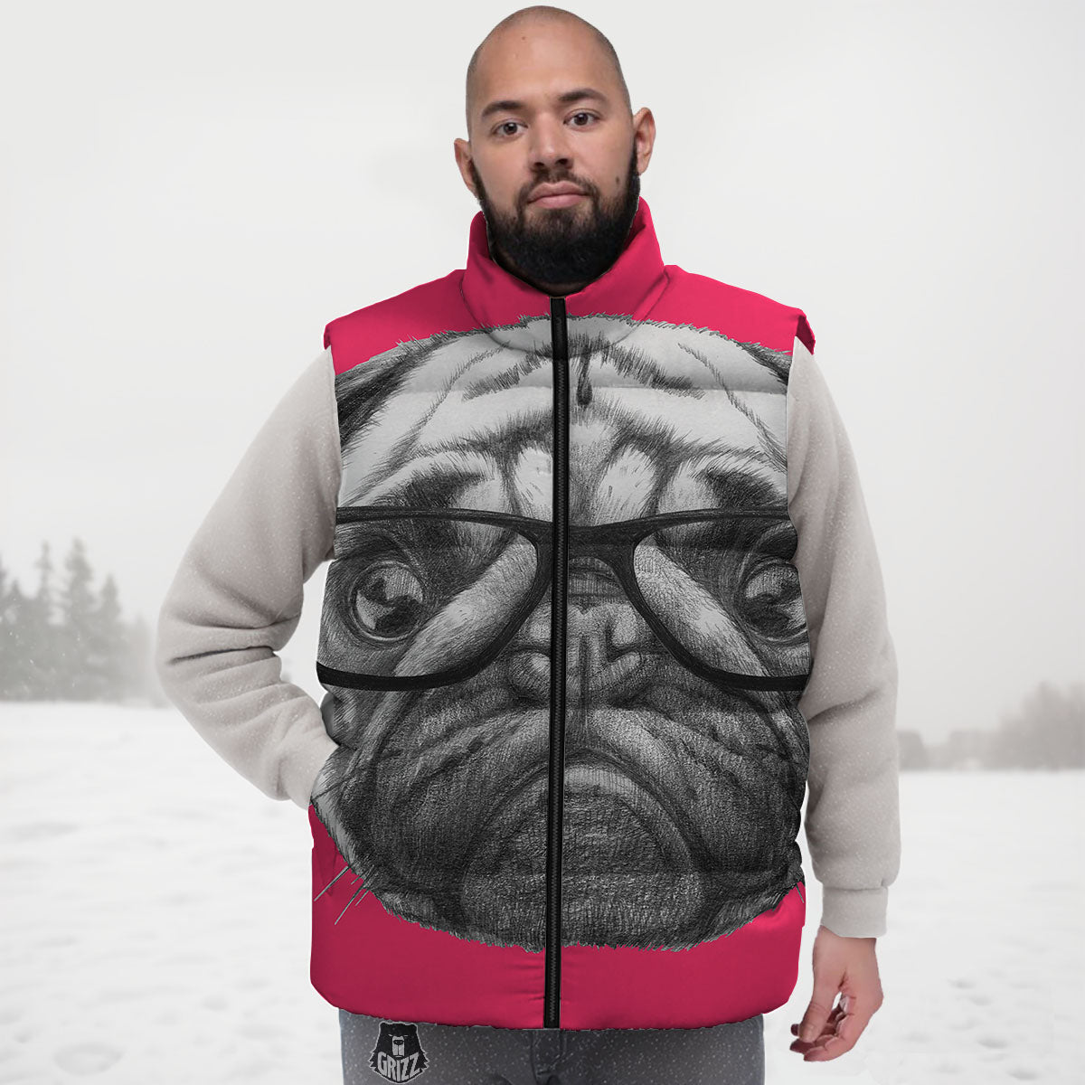 Glasses Pug Portrait Print Down Vest