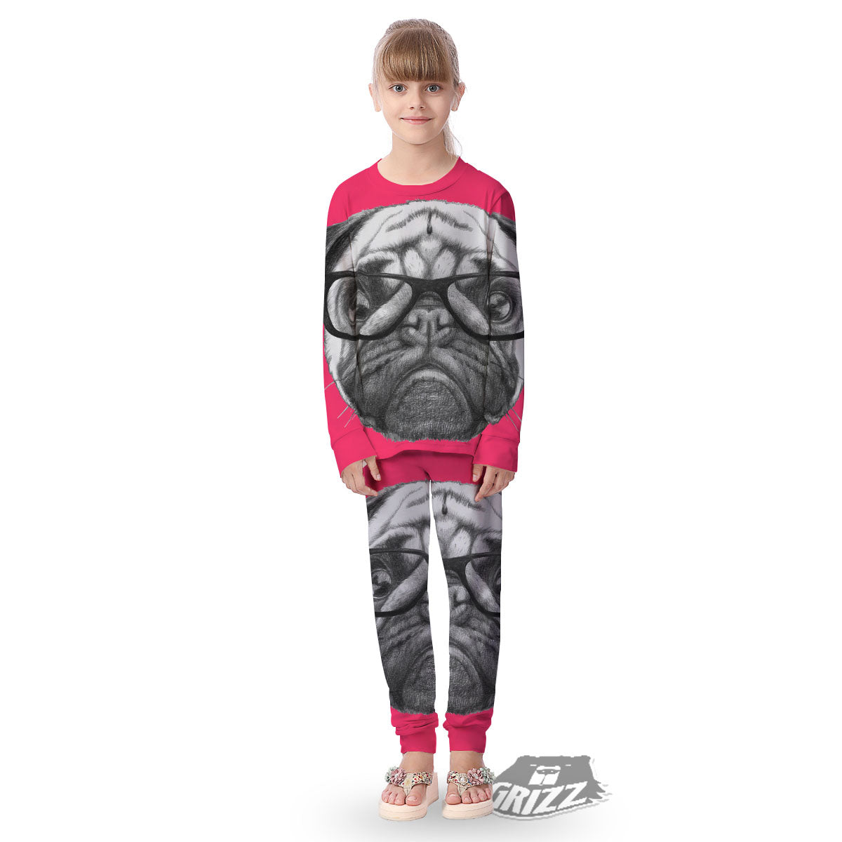 Glasses Pug Portrait Print Kid's Pajamas-grizzshop