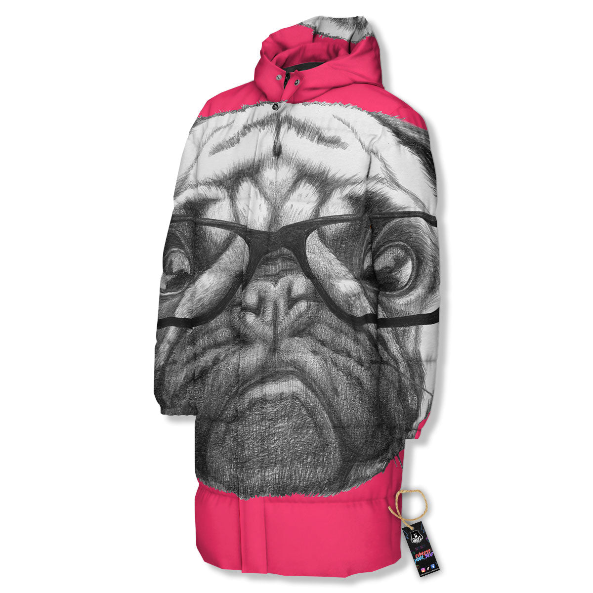 Glasses Pug Portrait Print Long Down Jacket-grizzshop