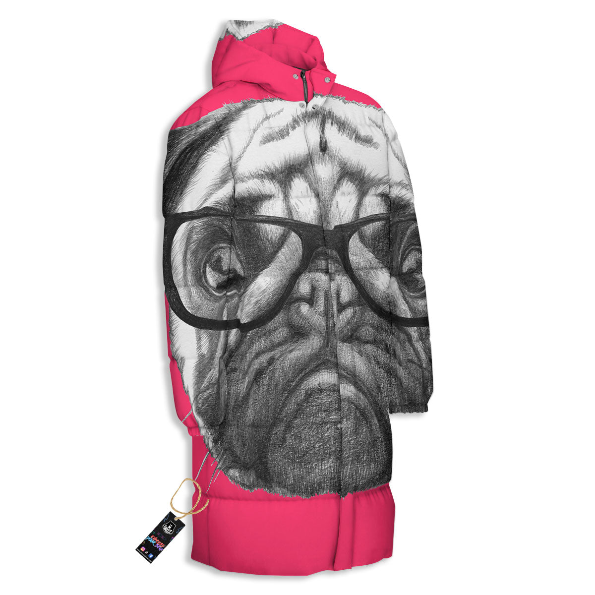 Glasses Pug Portrait Print Long Down Jacket-grizzshop