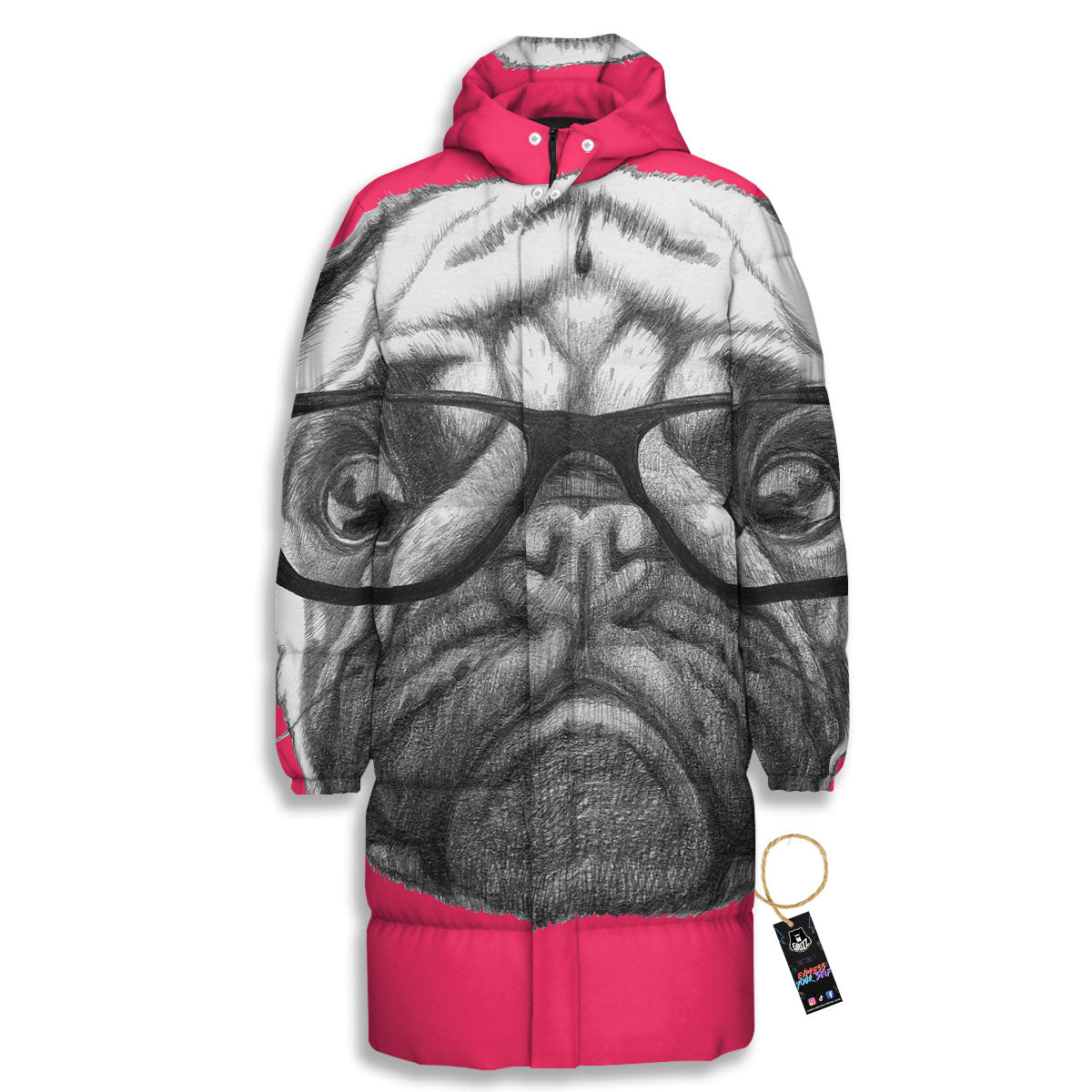 Glasses Pug Portrait Print Long Down Jacket-grizzshop