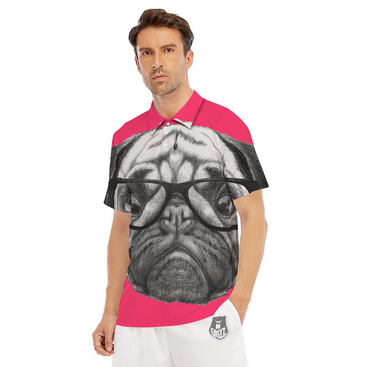 Glasses Pug Portrait Print Men's Golf Shirts-grizzshop