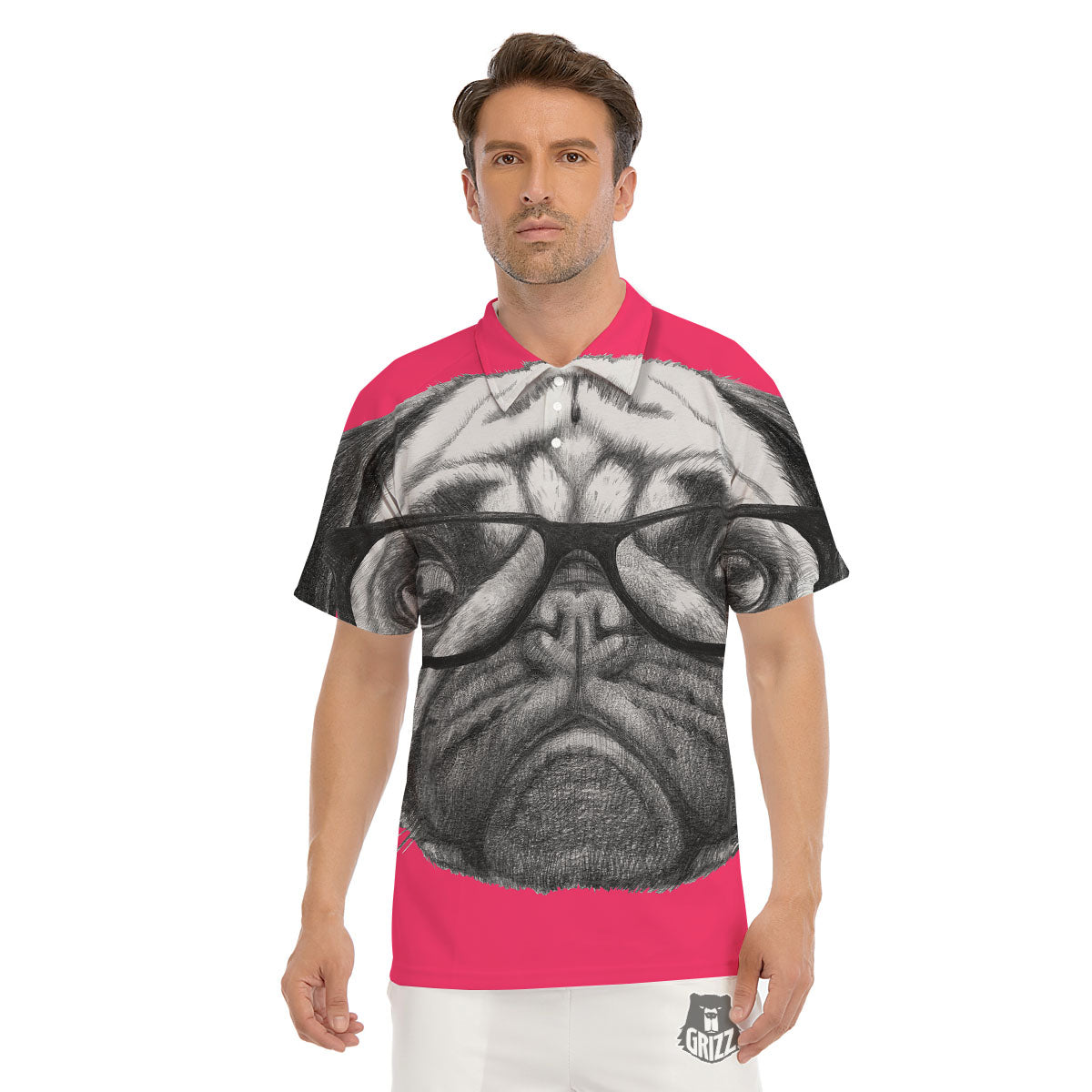 Glasses Pug Portrait Print Men's Golf Shirts-grizzshop