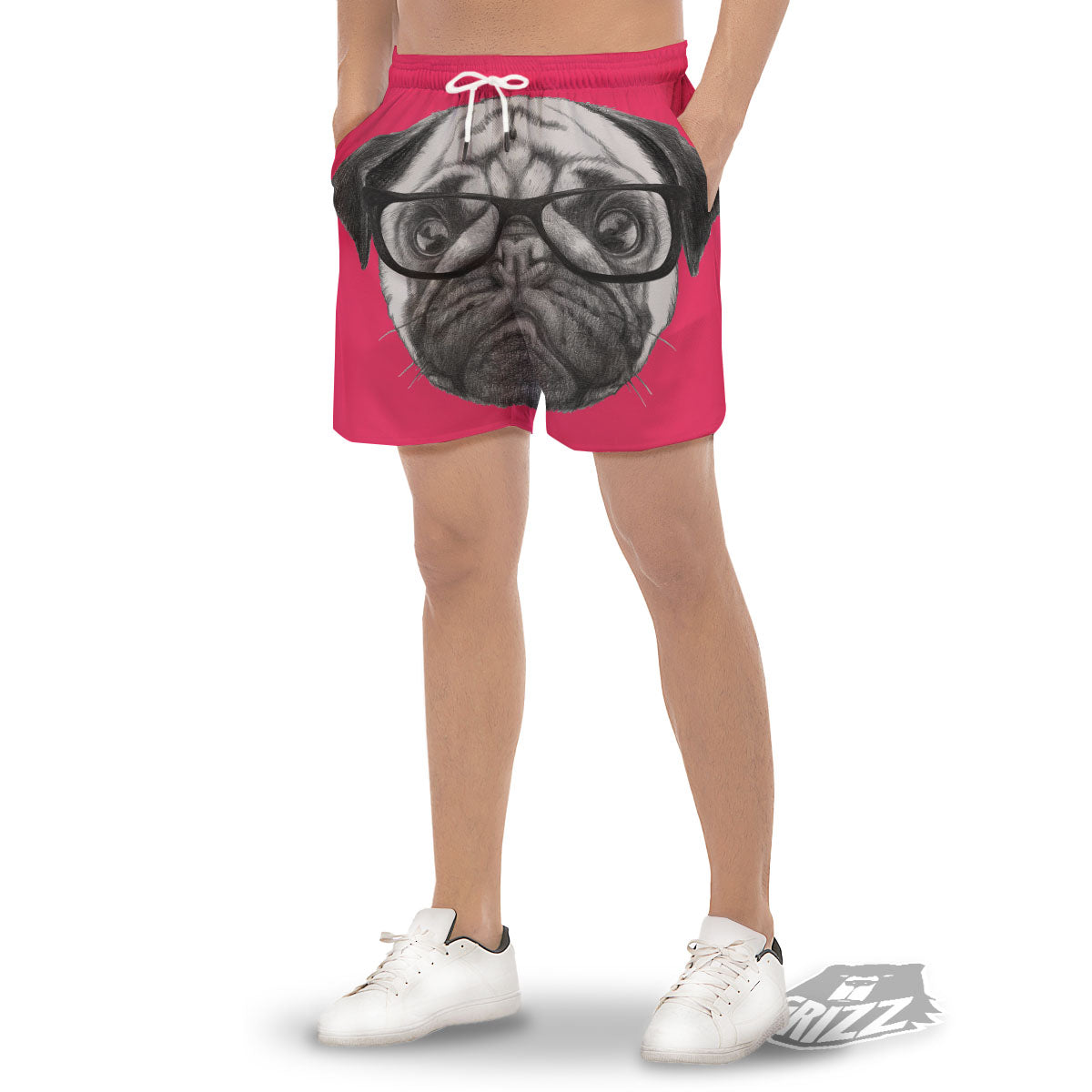Glasses Pug Portrait Print Men's Gym Shorts-grizzshop
