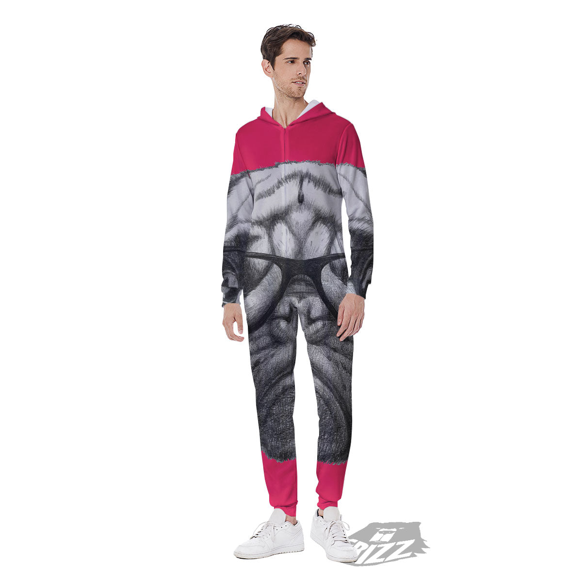 Glasses Pug Portrait Print Men's Jumpsuit-grizzshop