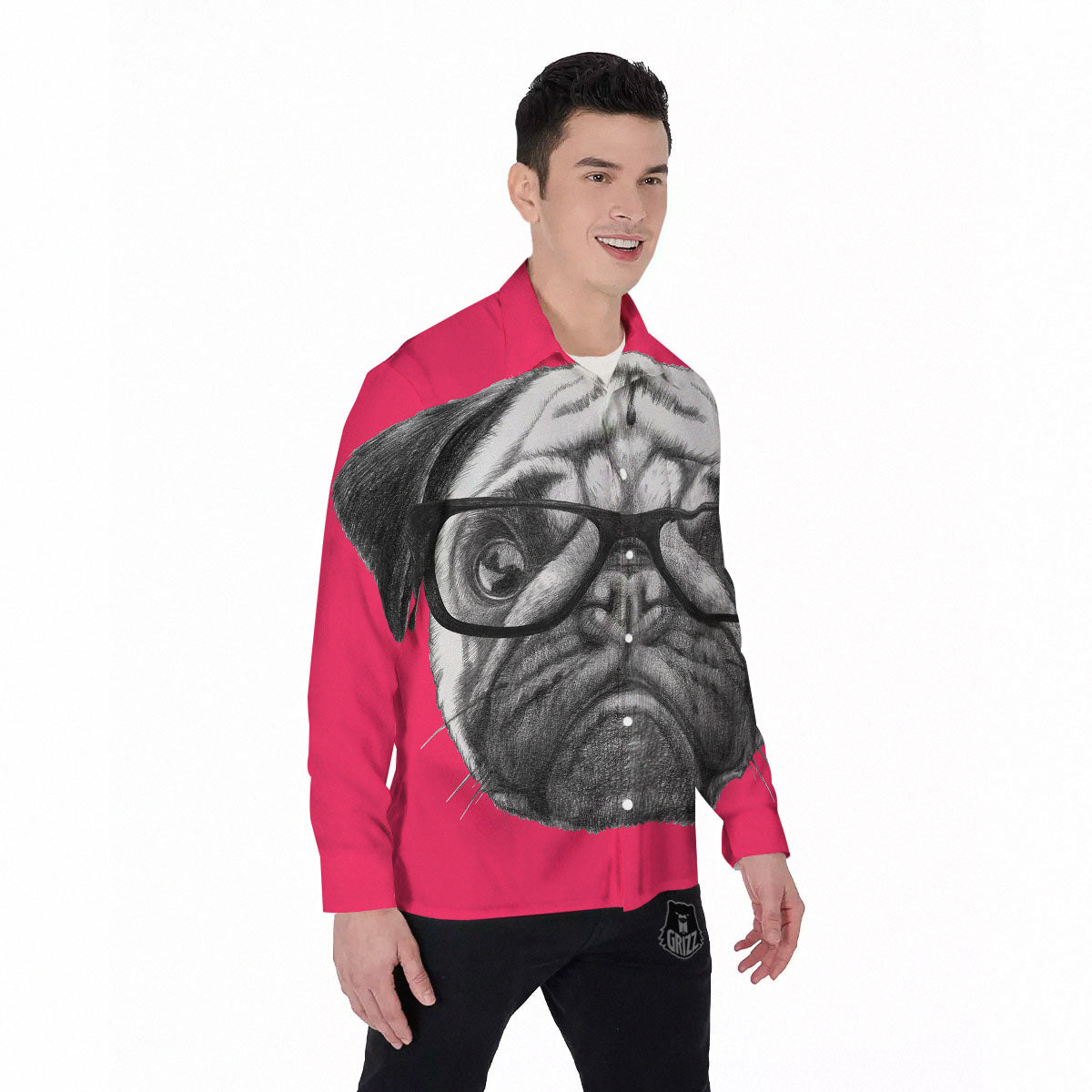 Glasses Pug Portrait Print Men's Long Sleeve Shirts-grizzshop
