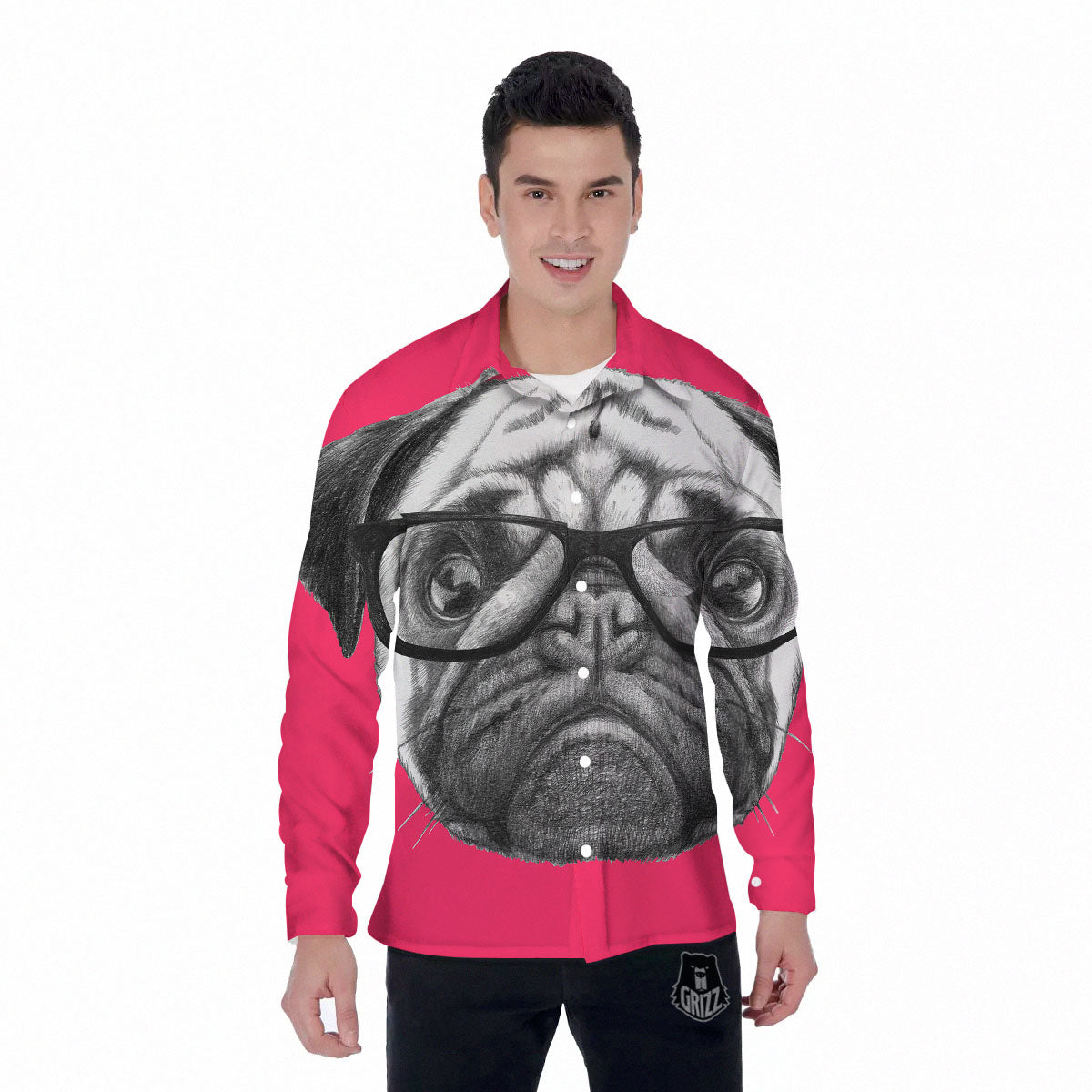 Glasses Pug Portrait Print Men's Long Sleeve Shirts-grizzshop