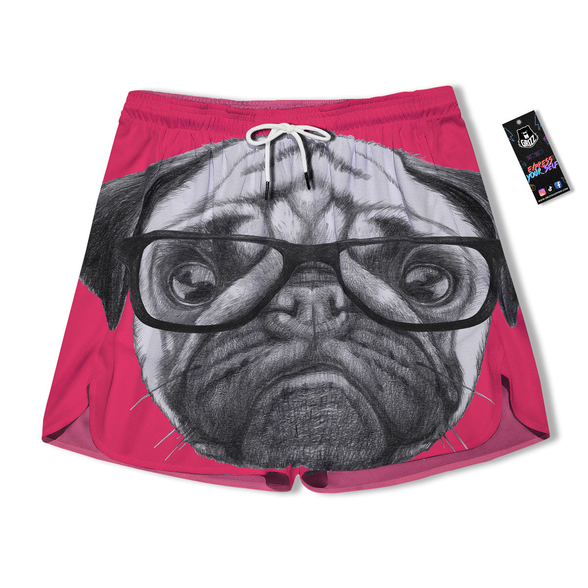 Glasses Pug Portrait Print Men's Running Shorts-grizzshop