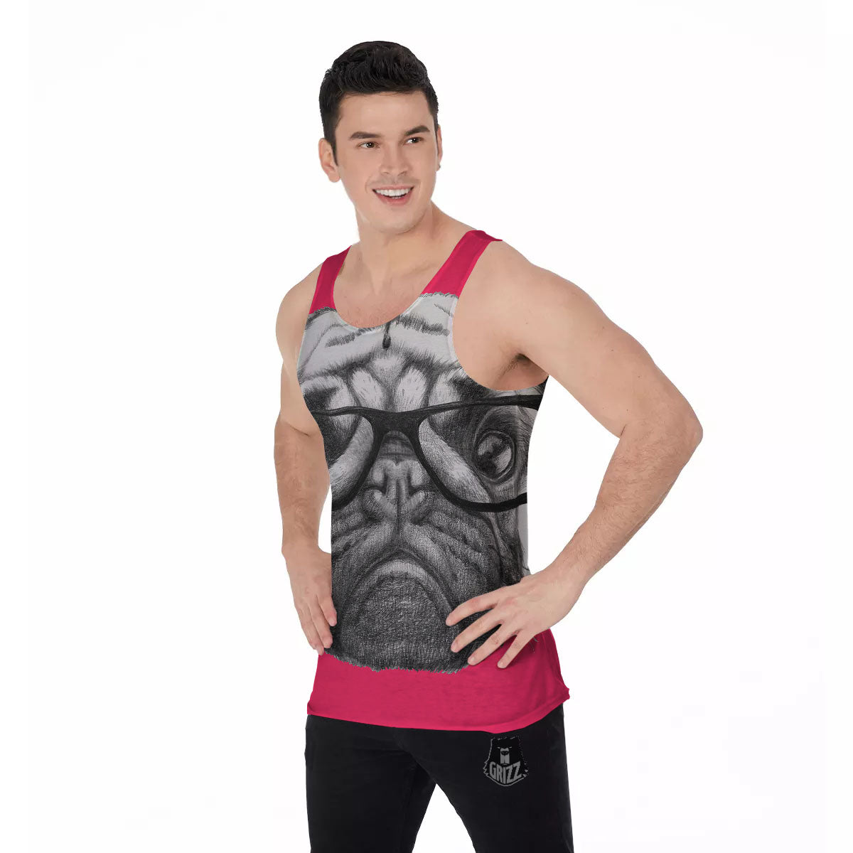Glasses Pug Portrait Print Men's Tank Top-grizzshop