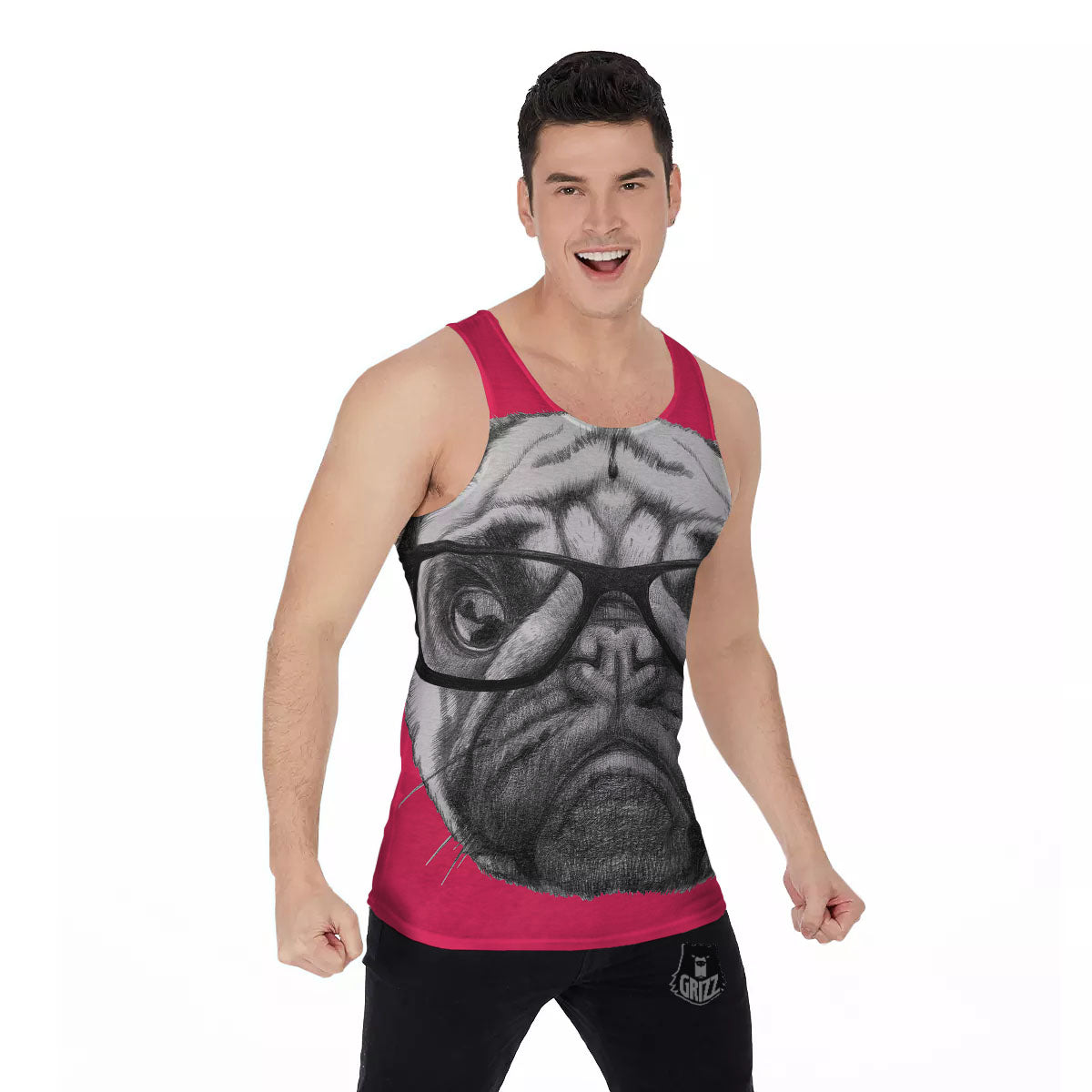Glasses Pug Portrait Print Men's Tank Top-grizzshop