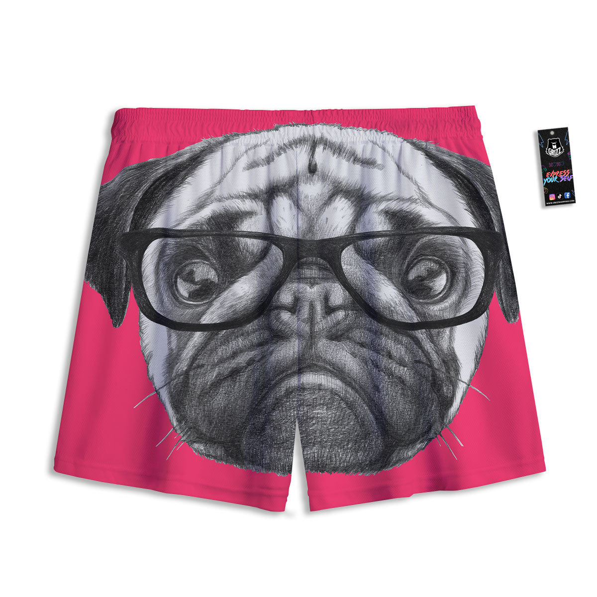 Glasses Pug Portrait Print Mesh Shorts