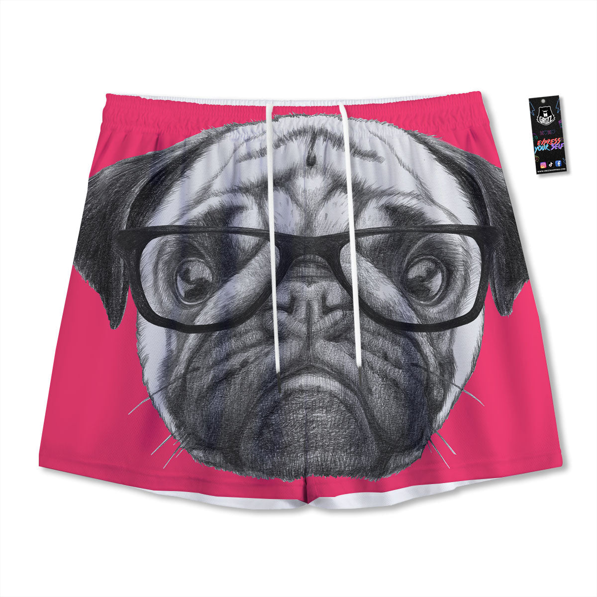 Glasses Pug Portrait Print Mesh Shorts