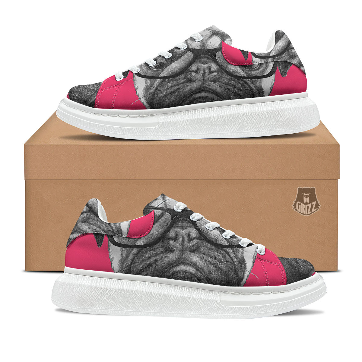 Glasses Pug Portrait Print Platform Shoes-grizzshop
