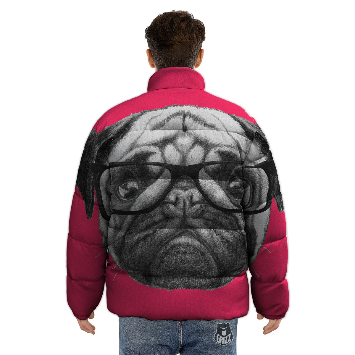Glasses Pug Portrait Print Puffer Jacket-grizzshop