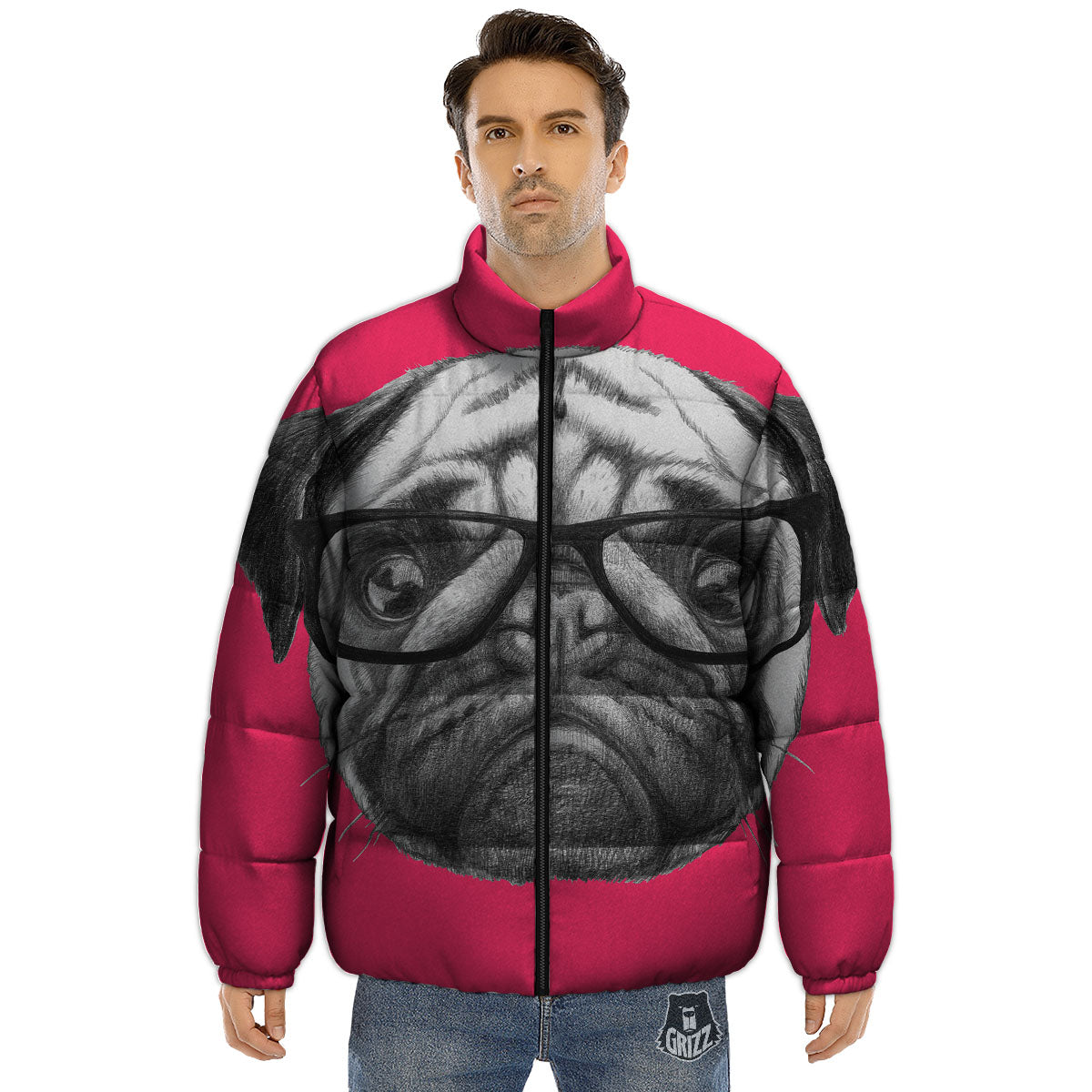 Glasses Pug Portrait Print Puffer Jacket-grizzshop