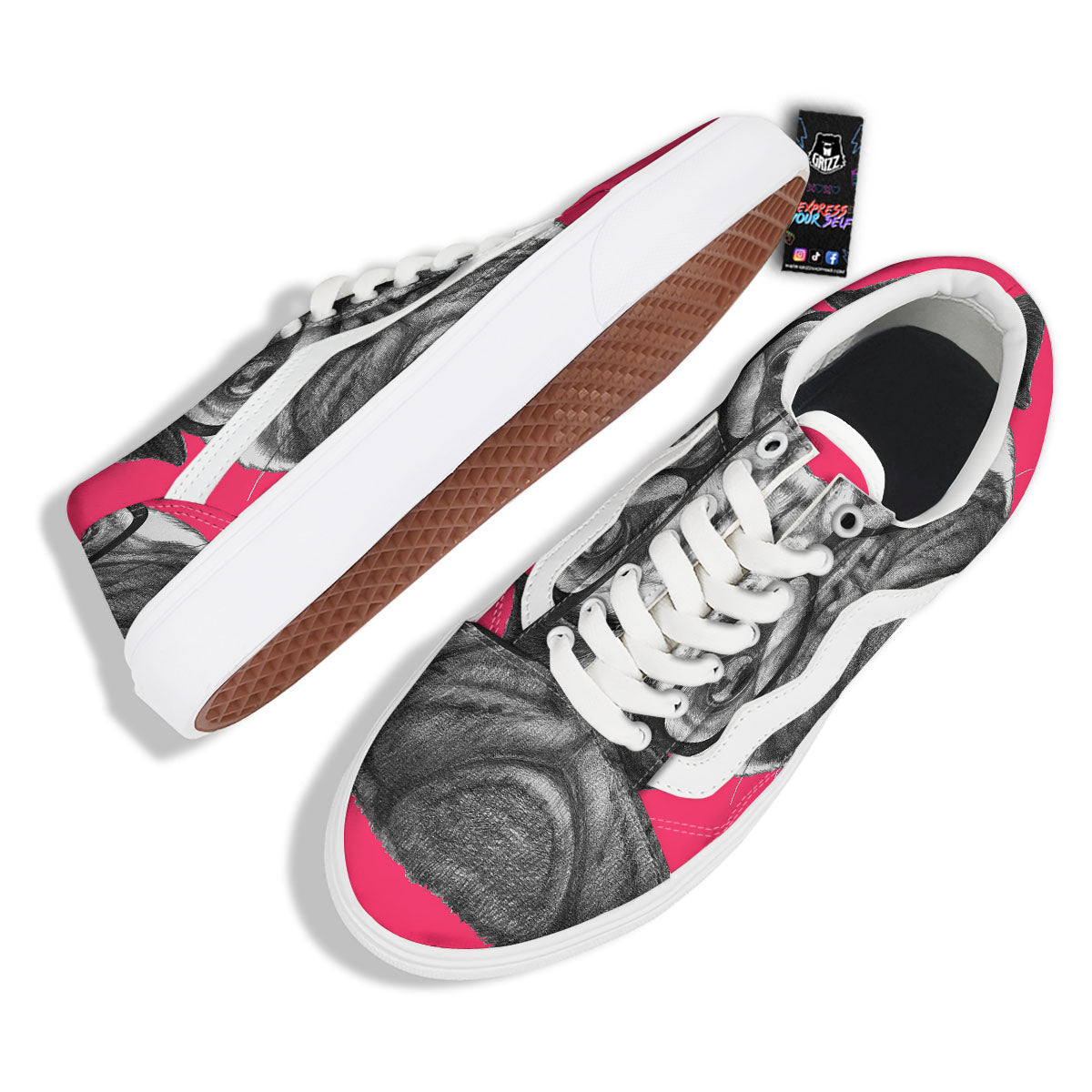 Glasses Pug Portrait Print Skate Shoes-grizzshop