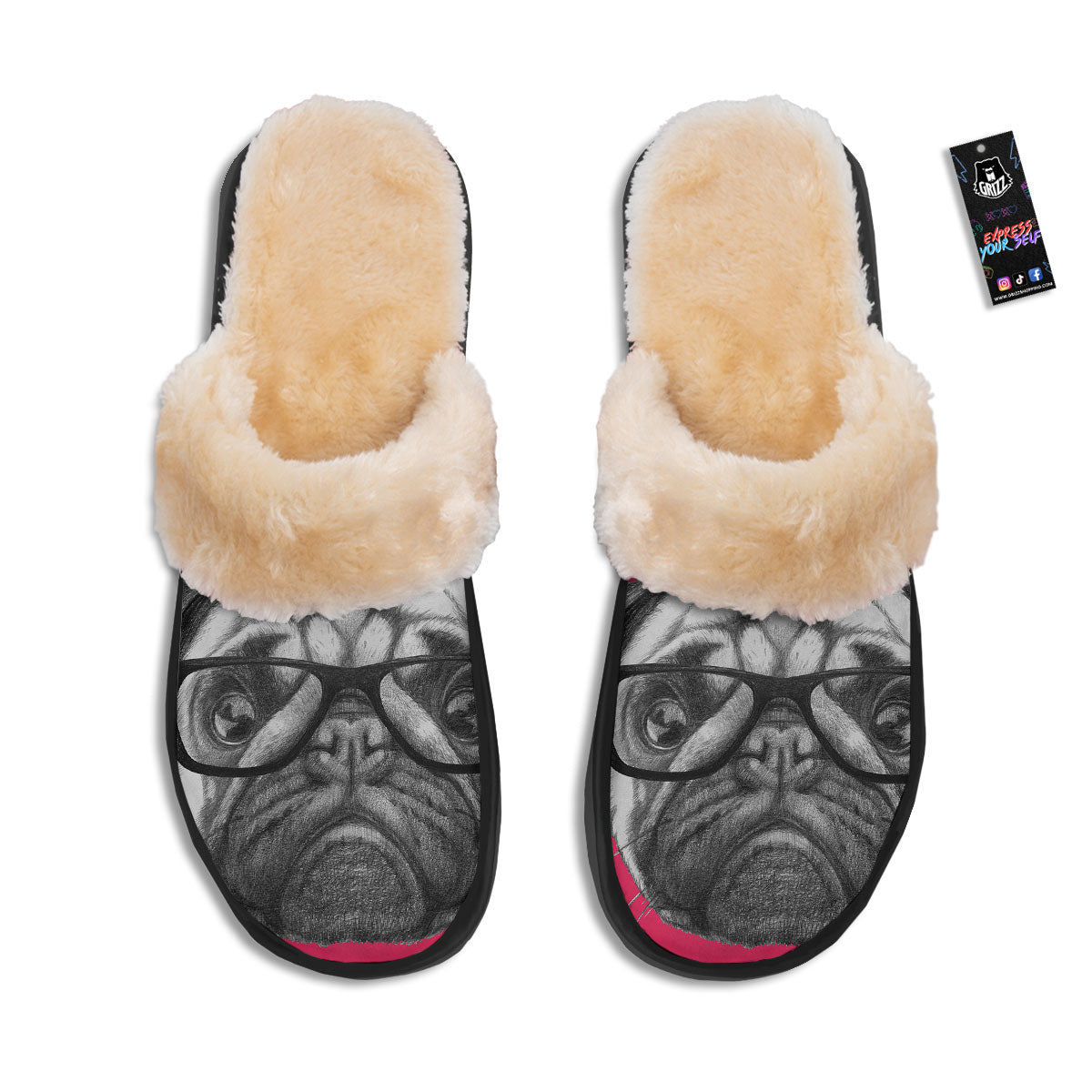 Glasses Pug Portrait Print Slippers-grizzshop