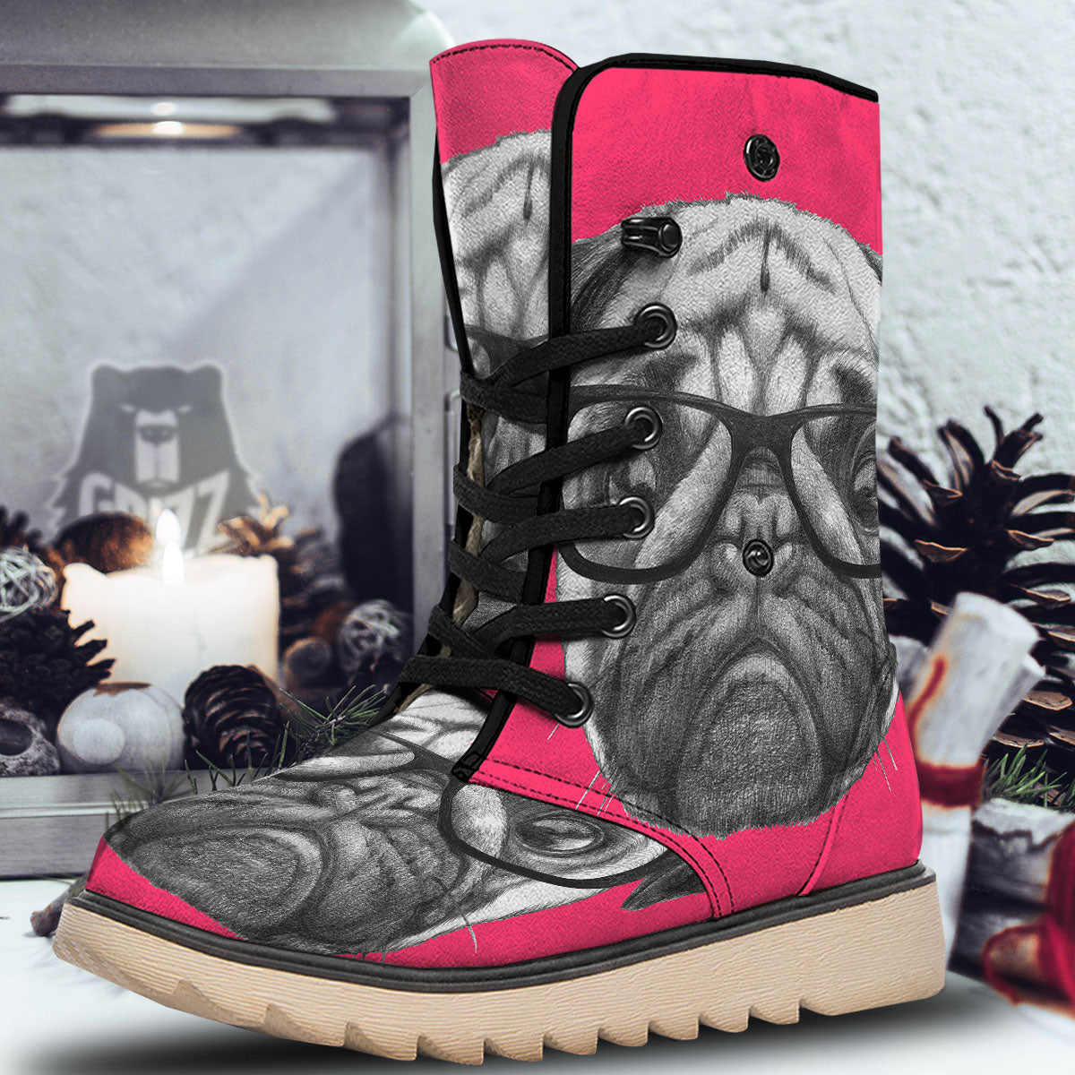 Glasses Pug Portrait Print Snow Boots-grizzshop