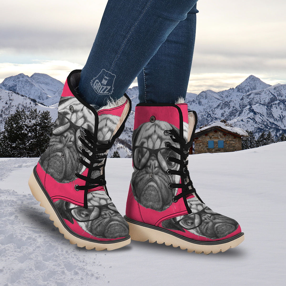 Glasses Pug Portrait Print Snow Boots-grizzshop