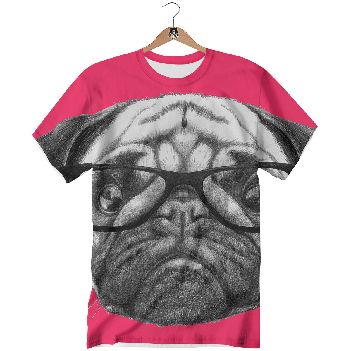 Glasses Pug Portrait Print T-Shirt-grizzshop