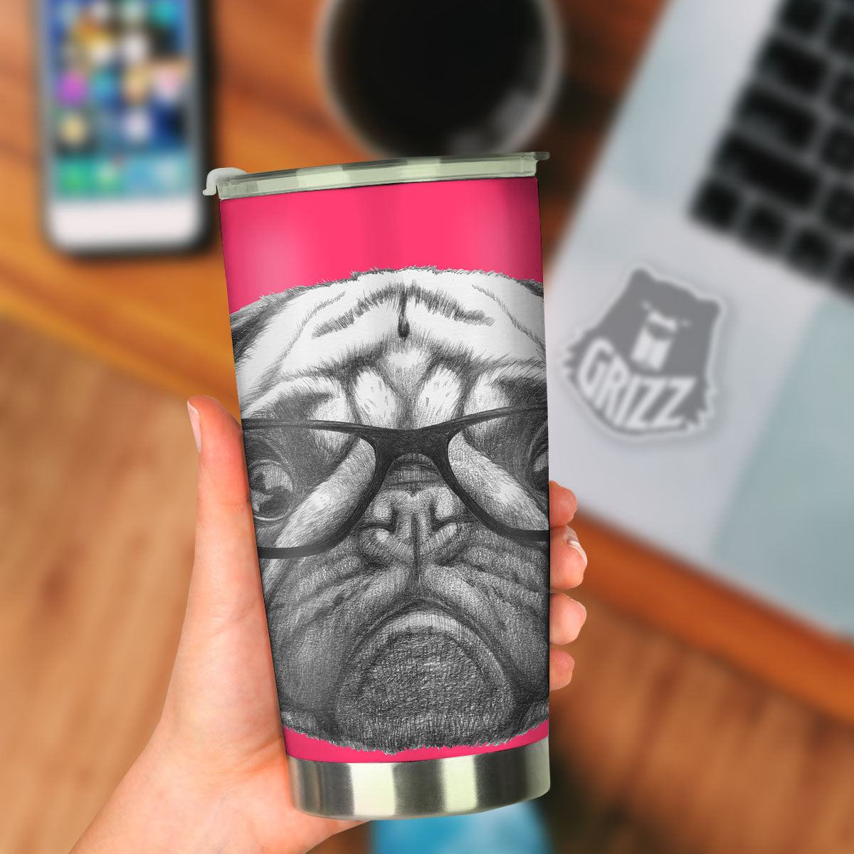 Glasses Pug Portrait Print Tumbler-grizzshop