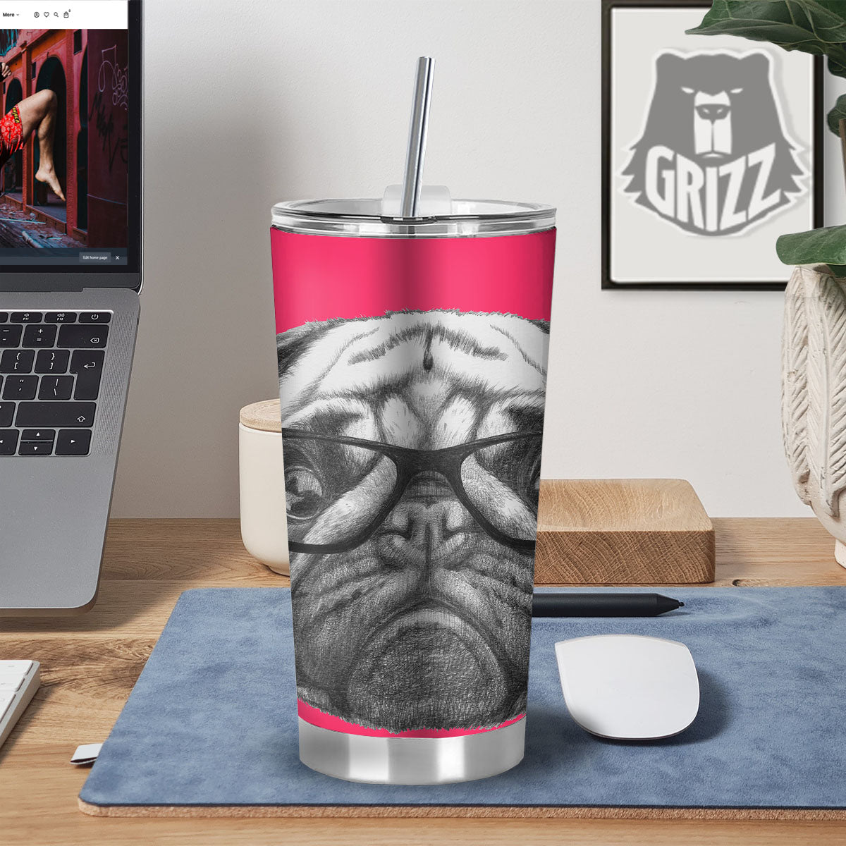 Glasses Pug Portrait Print Tumbler-grizzshop