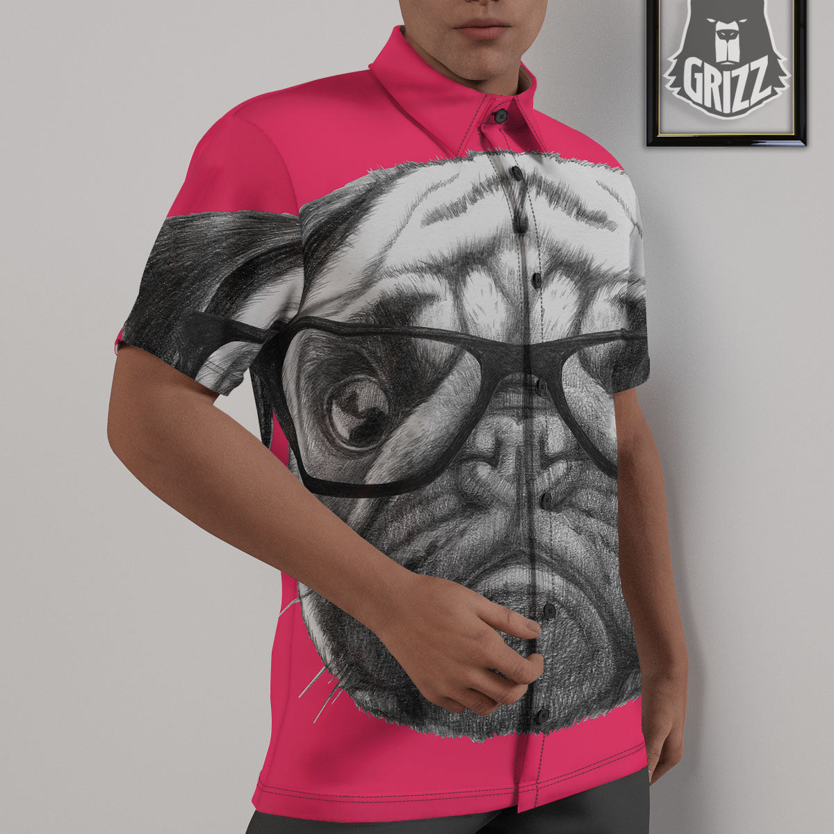 Glasses Pug Portrait Print Untucked Shirts-grizzshop