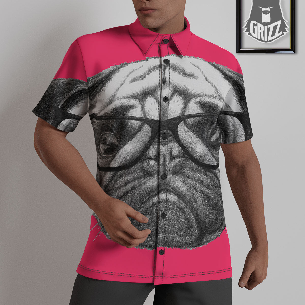 Glasses Pug Portrait Print Untucked Shirts-grizzshop