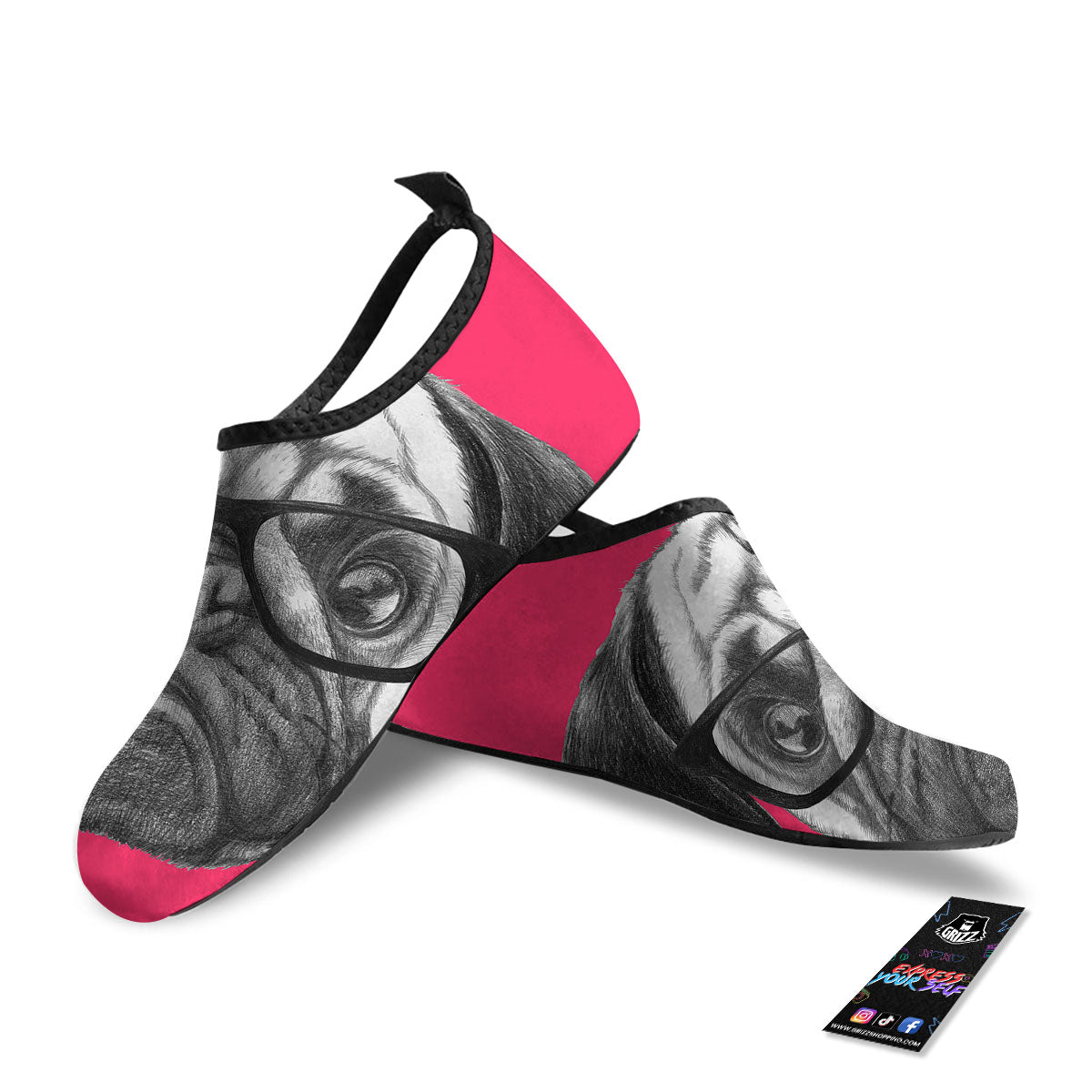 Glasses Pug Portrait Print Water Shoes-grizzshop