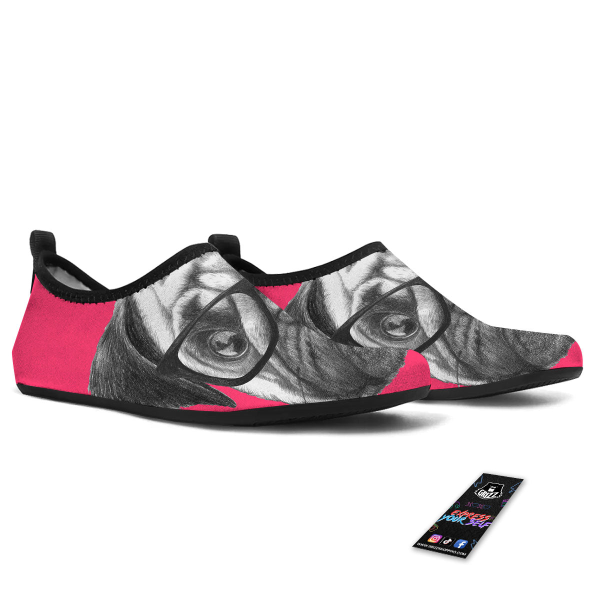 Glasses Pug Portrait Print Water Shoes-grizzshop
