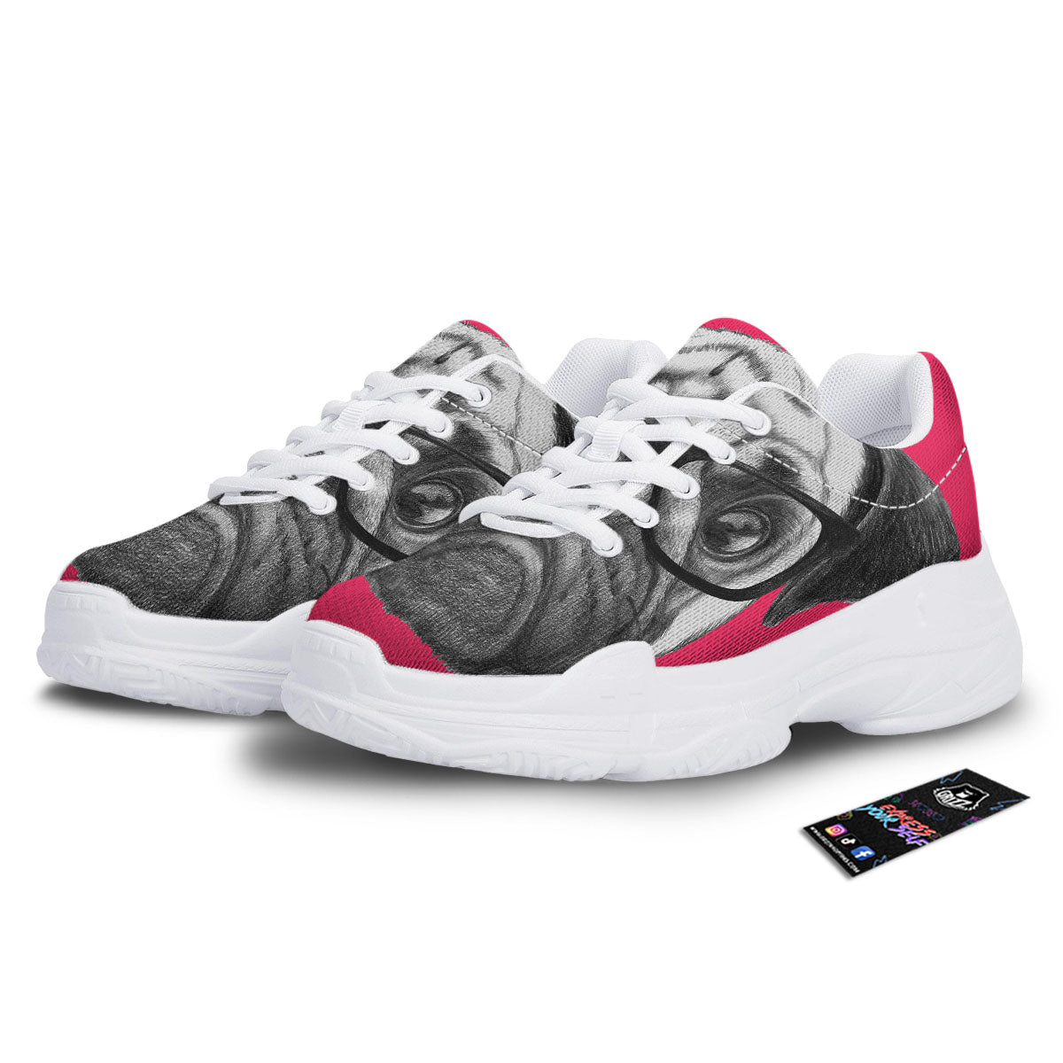 Glasses Pug Portrait Print White Chunky Shoes-grizzshop