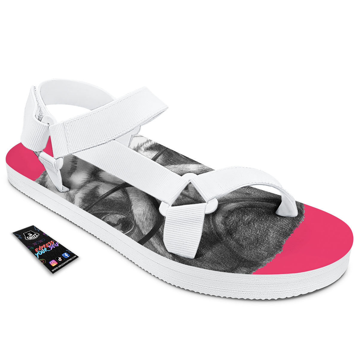 Glasses Pug Portrait Print White Open Toe Sandals-grizzshop
