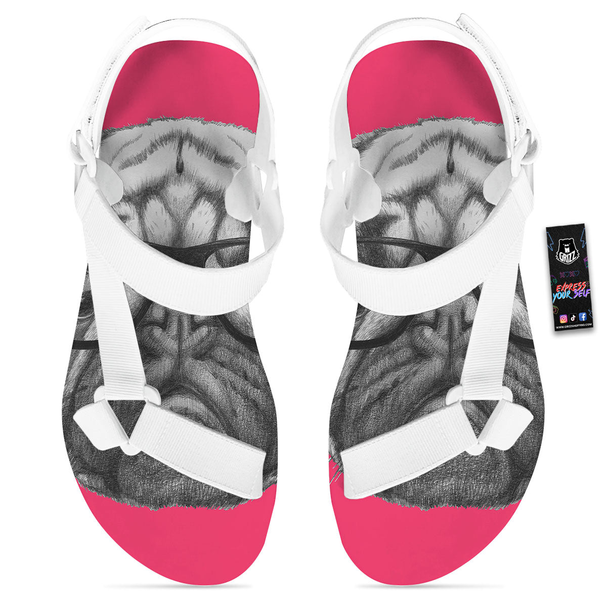 Glasses Pug Portrait Print White Open Toe Sandals-grizzshop