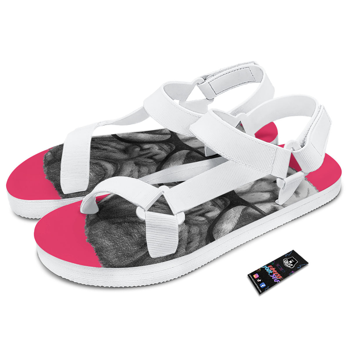 Glasses Pug Portrait Print White Open Toe Sandals-grizzshop