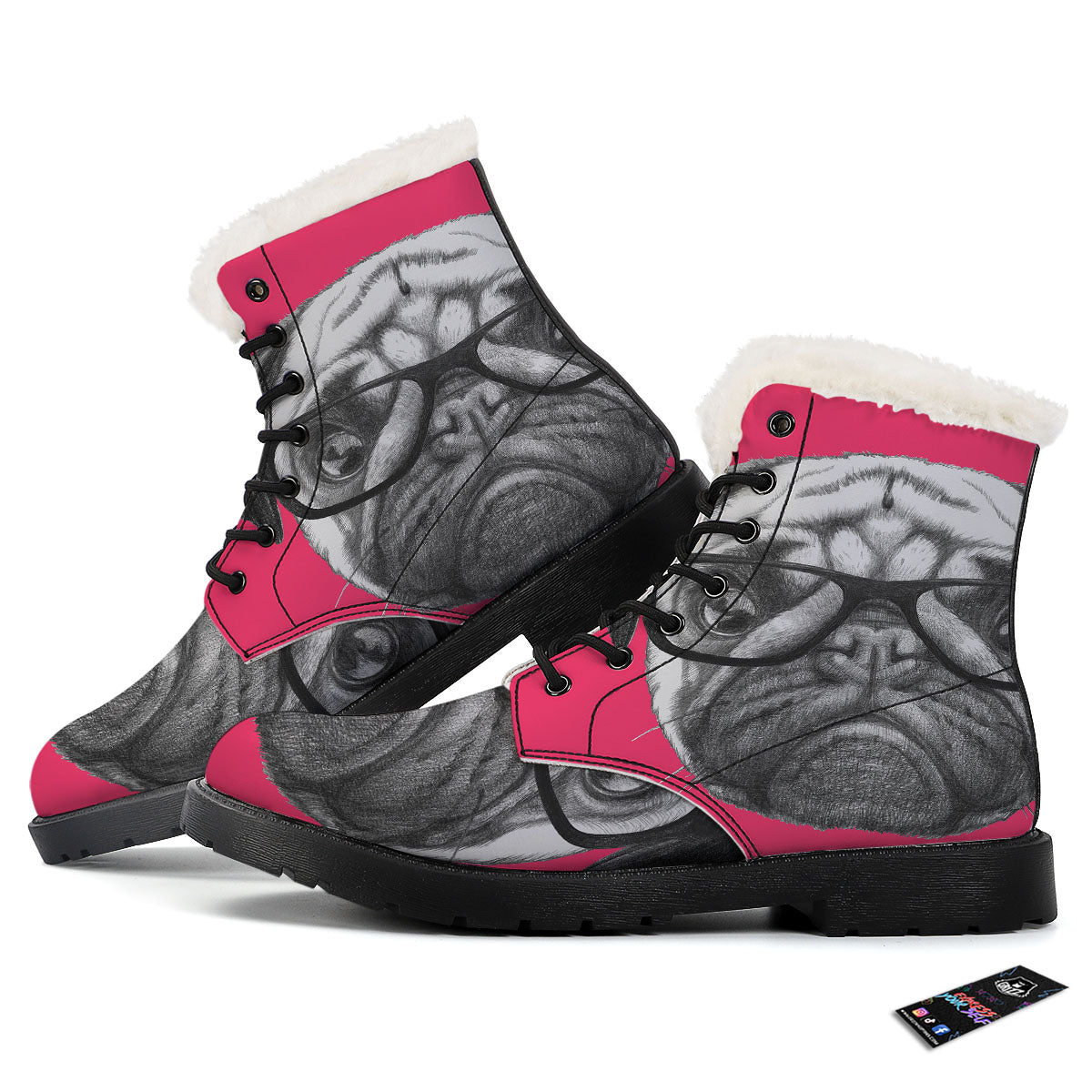 Glasses Pug Portrait Print Winter Boots-grizzshop