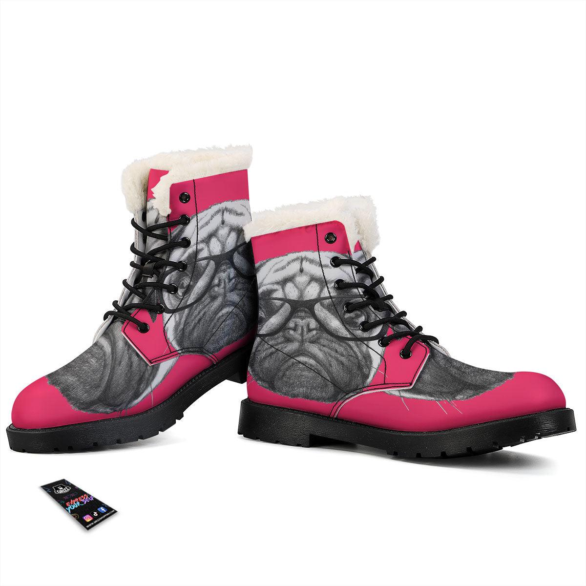Glasses Pug Portrait Print Winter Boots-grizzshop