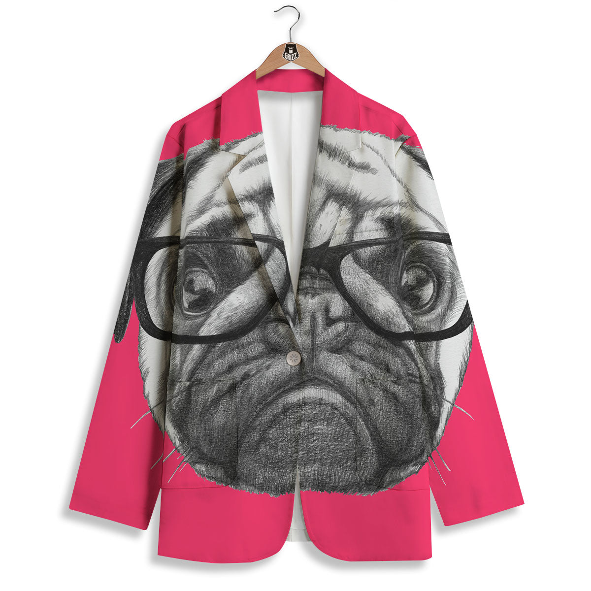 Glasses Pug Portrait Print Women's Blazer-grizzshop