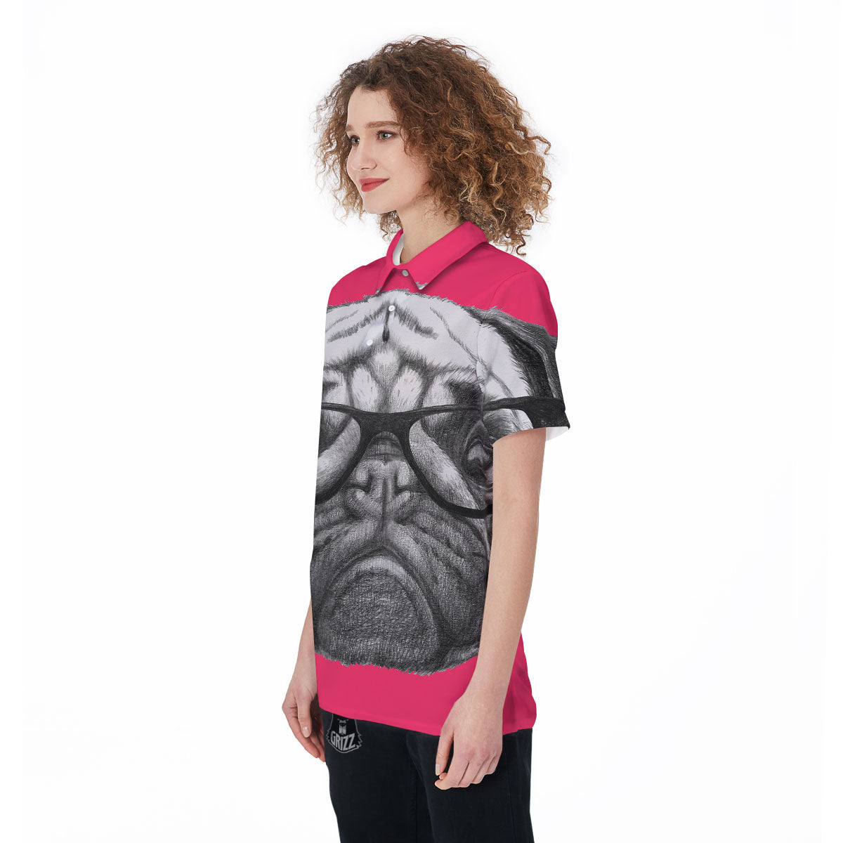 Glasses Pug Portrait Print Women's Golf Shirts-grizzshop