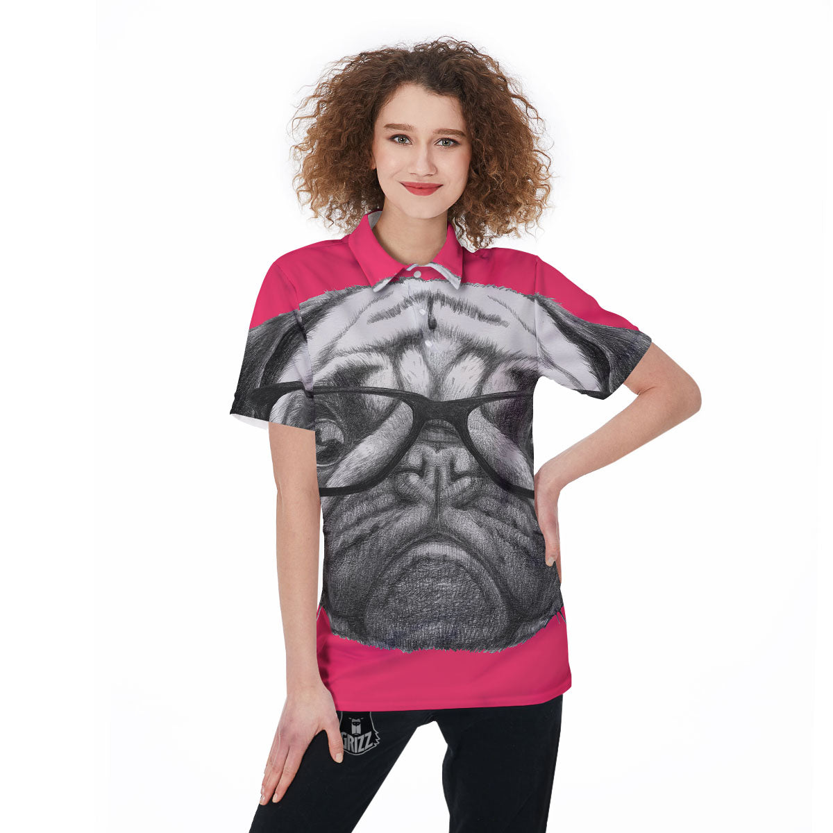 Glasses Pug Portrait Print Women's Golf Shirts-grizzshop
